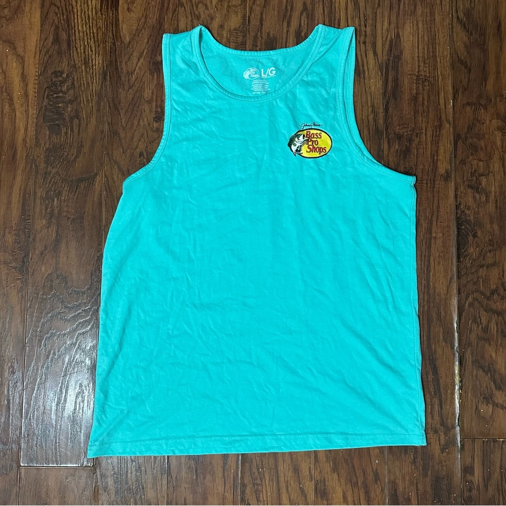 Bass Pro Shops Tank Top Mens L Turquoise Johnny Morris Big Logo Fishing Shirt